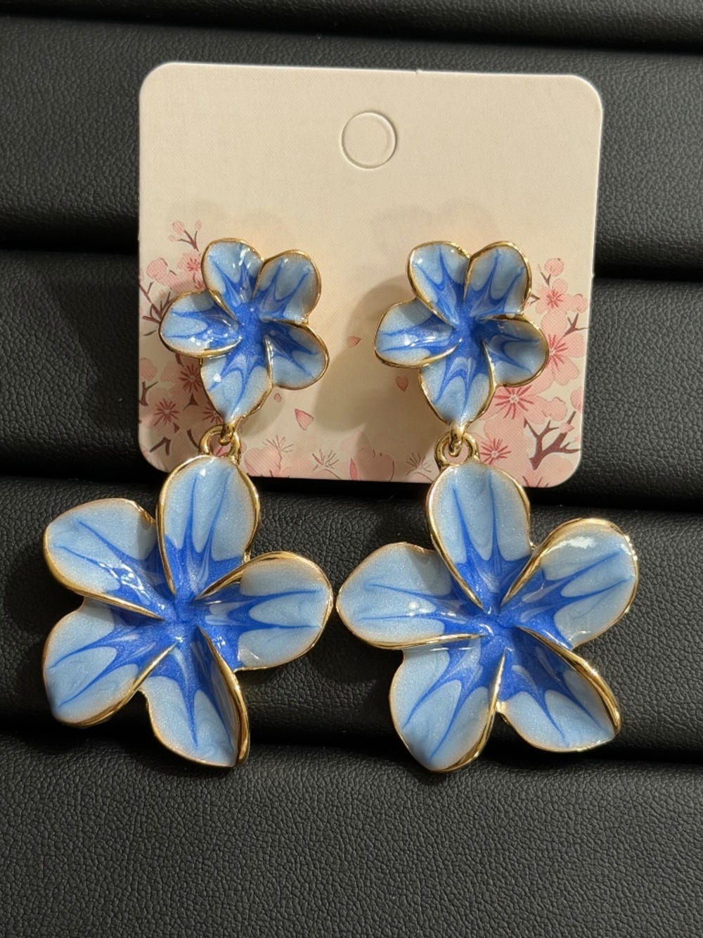 Golden Blue Enamel Flower Dangle Statement Earrings